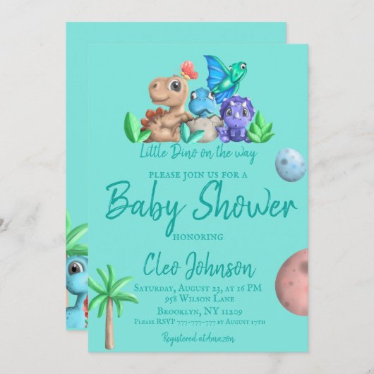 Niedliches Little Dino auf seiner Way Baby Dusche Einladung (Vorne/Hinten)