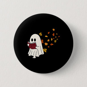 Niedliches Little Ghost Reading Book Under Herbstl Button