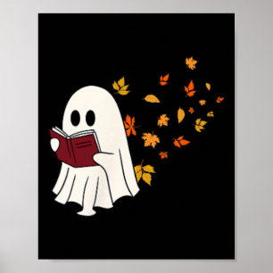 Niedliches Little Ghost Reading Book Under Herbstl Poster