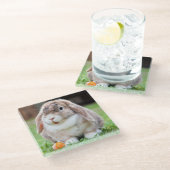 Niedliches Lop-Eared Kaninchen im Gras mit Karotte Glasuntersetzer (Schrägansicht)