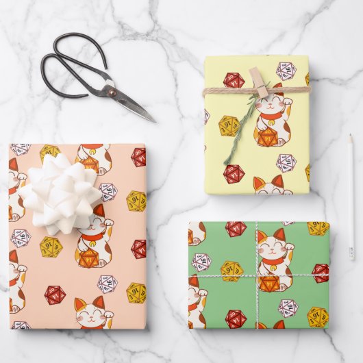 Niedliches Lucky Maneki-neko Gamer Dice-Muster Geschenkpapier Set (Vorderseite)