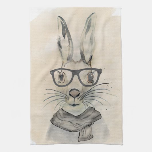 Niedliches lustiges Aquarellbunny mit Brille und S Geschirrtuch (Vertikal)