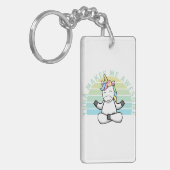 Niedliches lustiges Einhorn beim Yoga. lustige Yog Schlüsselanhänger (Vorderseite links)