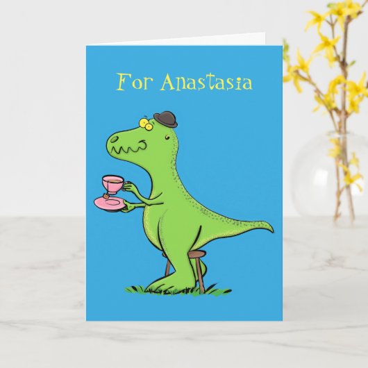 Niedliches, lustiges Grün zum Rex-Dinosaurier-Cart Karte (Gelbe Blume)