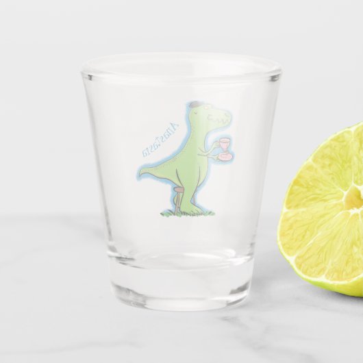 Niedliches, lustiges Grün zum Rex-Dinosaurier-Cart Schnapsglas (Rückseite)