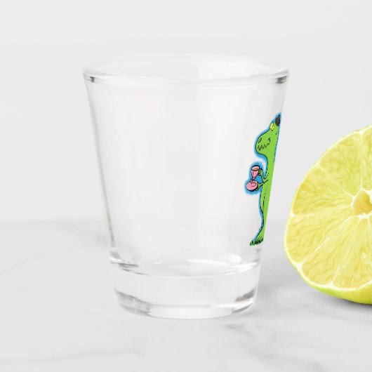 Niedliches, lustiges Grün zum Rex-Dinosaurier-Cart Schnapsglas (Links)