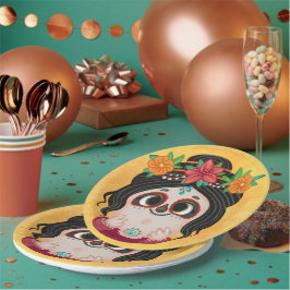 Niedliches Mädchen an einem Tag des Toten Hallowee Pappteller