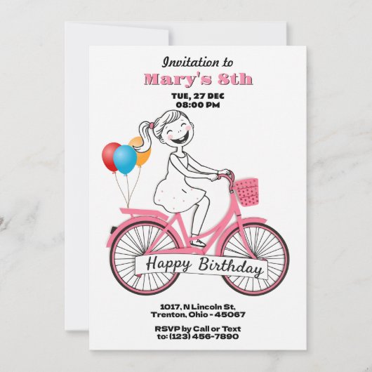 Niedliches Mädchen auf dem Fahrrad Happy Birthday Einladung (Vorderseite)