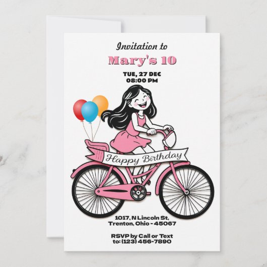 Niedliches Mädchen auf dem Fahrrad Happy Birthday Einladung (Vorderseite)