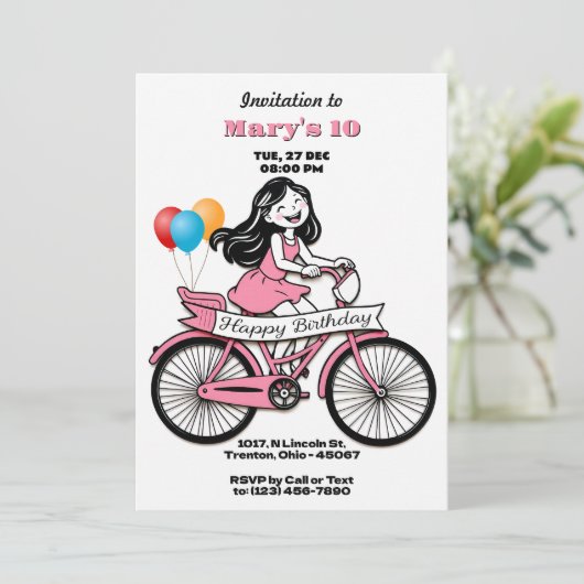 Niedliches Mädchen auf dem Fahrrad Happy Birthday Einladung (Stehend Vorderseite)
