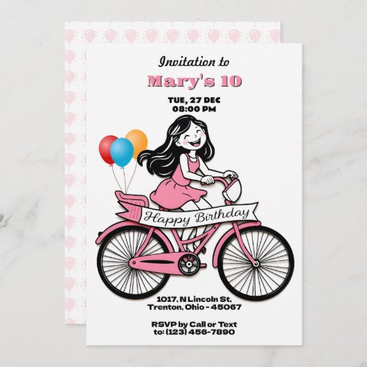 Niedliches Mädchen auf dem Fahrrad Happy Birthday Einladung (Vorne/Hinten)