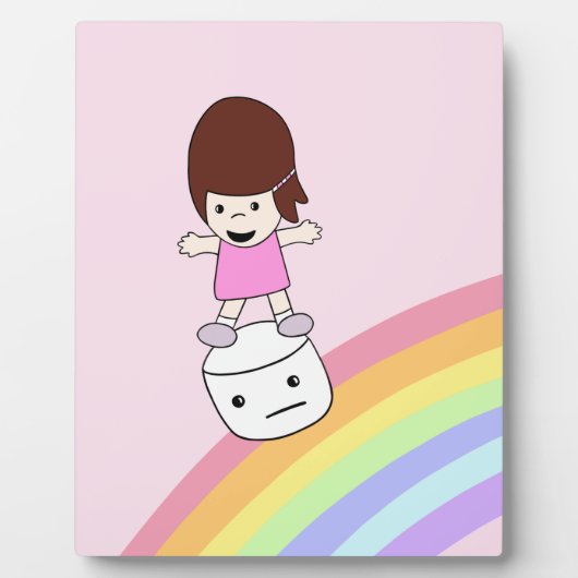 Niedliches Mädchen auf Rainbow w Marshmallow Plaqu Fotoplatte (Vorderseite)