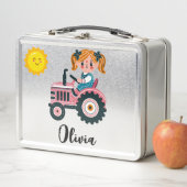Niedliches Mädchen auf rosa Traktor Personalisiert Metall Brotdose (Beispiel)