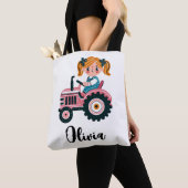 Niedliches Mädchen auf rosa Traktor Personalisiert Tasche (Von Nahem)