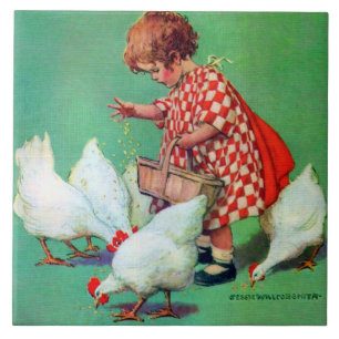 Niedliches Mädchen Füttre Hens von Jessie Willcox  Fliese