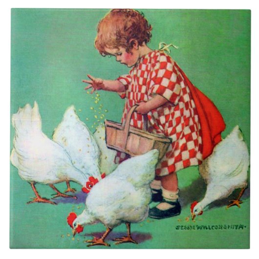 Niedliches Mädchen Füttre Hens von Jessie Willcox Fliese (Vorderseite)