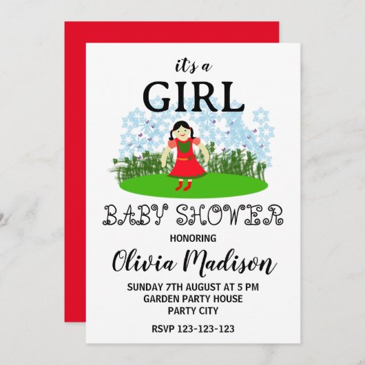 Niedliches Mädchen im Blumengarten Babydusche Einladung (Vorne/Hinten)