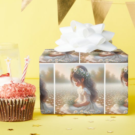 Niedliches Mädchen im Spitzenkleid mit Daisis Geschenkpapier (Geburtstagsparty)