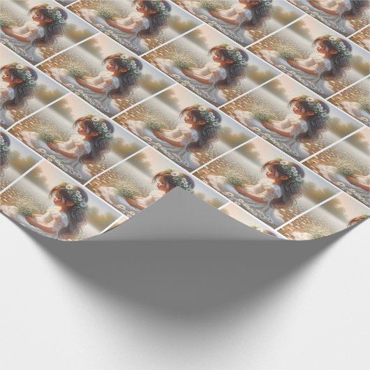Niedliches Mädchen im Spitzenkleid mit Daisis Geschenkpapier (Ecke)