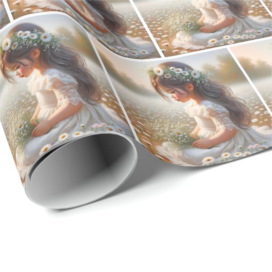 Niedliches Mädchen im Spitzenkleid mit Daisis Geschenkpapier (Rolleneckpunkt)