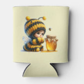 Niedliches Mädchen in BienenKostüm mit Honig Dosenkühler (Vorderseite)