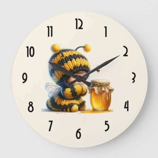 Niedliches Mädchen in BienenKostüm mit Honig Große Wanduhr (Vorderseite)