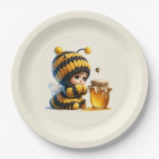 Niedliches Mädchen in BienenKostüm mit Honig Pappteller (Vorderseite)
