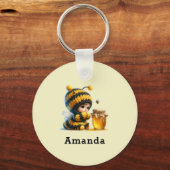 Niedliches Mädchen in BienenKostüm mit Honig Schlüsselanhänger (Vorderseite)