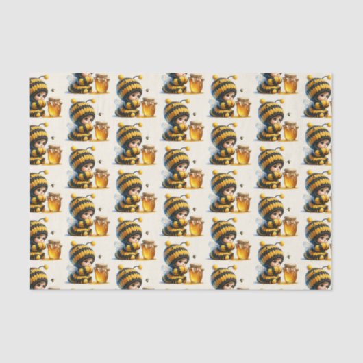 Niedliches Mädchen in BienenKostüm mit Honig Seidenpapier (Vorderseite)