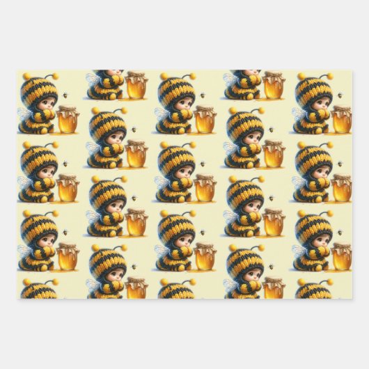 Niedliches Mädchen in BienenKostüm mit Honigmuster Geschenkpapier Set (Vorderseite)