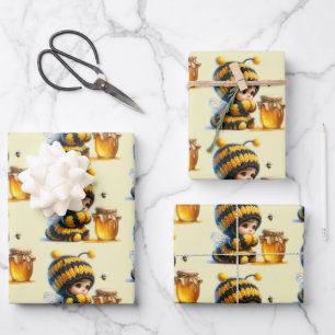 Niedliches Mädchen in BienenKostüm mit Honigmuster Geschenkpapier Set