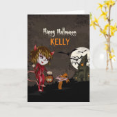 NIEDLICHES MÄDCHEN IN DEVILLKOSTEN KUSTOM HALLOWEE KARTE (Gelbe Blume)