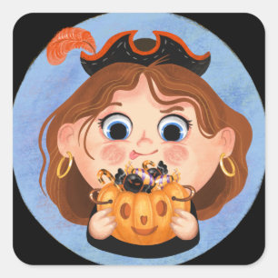 Niedliches Mädchen in einem Piratenkostüm Candy Ti Quadratischer Aufkleber
