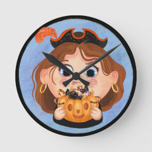 Niedliches Mädchen in einem Piratenkostüm Candy Ti Runde Wanduhr