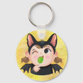 Niedliches Mädchen in Fledermauskostüme Papier Tel Schlüsselanhänger