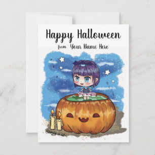 Niedliches Mädchen in Pumpkin Halloween-Saisonka Feiertagskarte