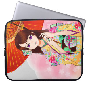 Niedliches Mädchen in rosa Kimono mit rotem Schirm Laptopschutzhülle