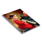 Niedliches Mädchen in roter Kleidung beim Klaviers Notizblock (Rechte Seite)