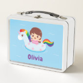 Niedliches Mädchen in Unicorn Rainbow Schwimmbad N Metall Brotdose (Vorderseite)