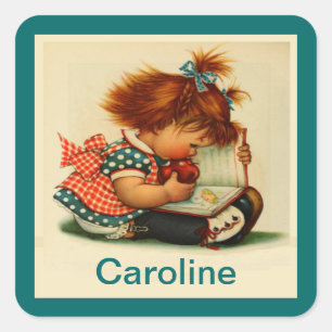 Niedliches Mädchen liest ein Buch mit Name Sticker