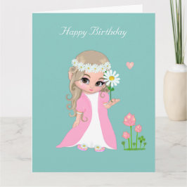 Niedliches Mädchen mit Blume auf Light Blue Birthd Karte