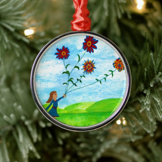 Niedliches Mädchen mit Blume Retro Ornament Aus Metall (Baum)