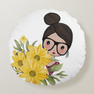 Niedliches Mädchen mit Brille und Sonnenblumen Kis Rundes Kissen