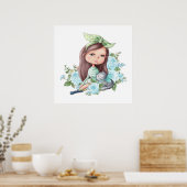 Niedliches Mädchen mit grauer Katzenjammer Blume P Poster (Küche)