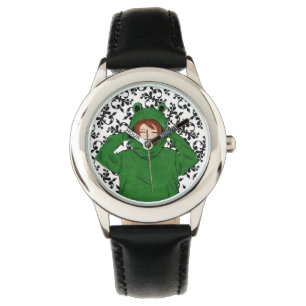 Niedliches Mädchen mit Green Frog Hoody Zeichne W Armbanduhr