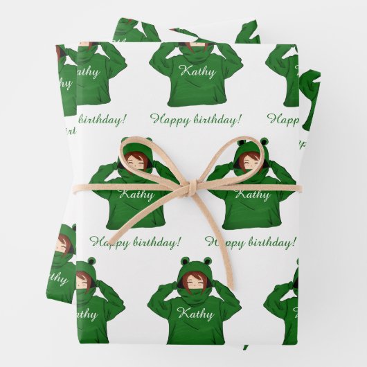 Niedliches Mädchen mit Green Frog Hoody Zeichnend Geschenkpapier Set (Beispiel)