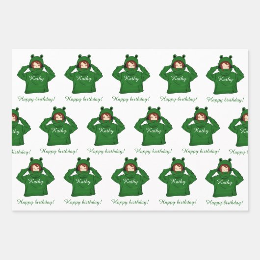 Niedliches Mädchen mit Green Frog Hoody Zeichnend Geschenkpapier Set (Vorderseite)