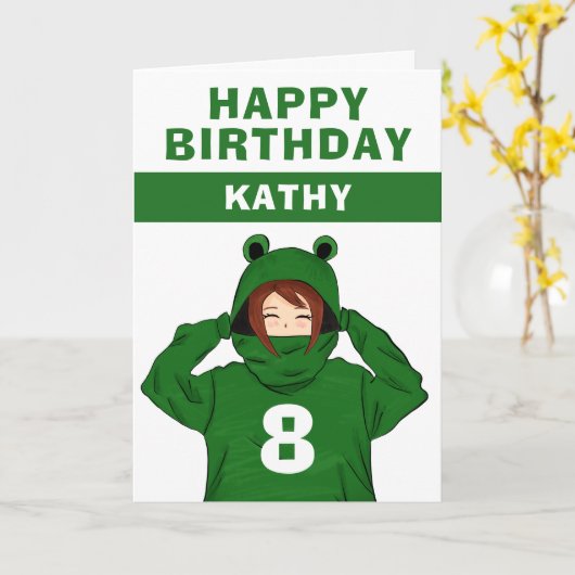 Niedliches Mädchen mit Green Frog Hoody Zeichnend Karte (Gelbe Blume)