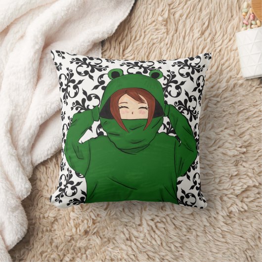 Niedliches Mädchen mit Green Frog Hoody Zeichnend Kissen (Decke)
