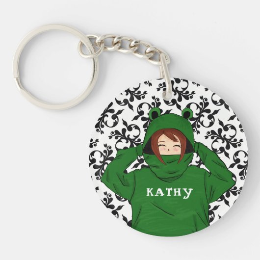 Niedliches Mädchen mit Green Frog Hoody Zeichnend Schlüsselanhänger (Vorderseite)